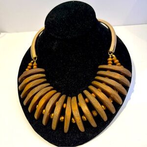 Boho Statement Collar Necklace Large Carved Wooden Beads Gold Tone Office Party